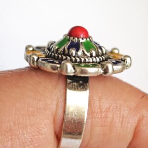 Amazigh Silver Tone Enameled Adjustable Flower métal Ring