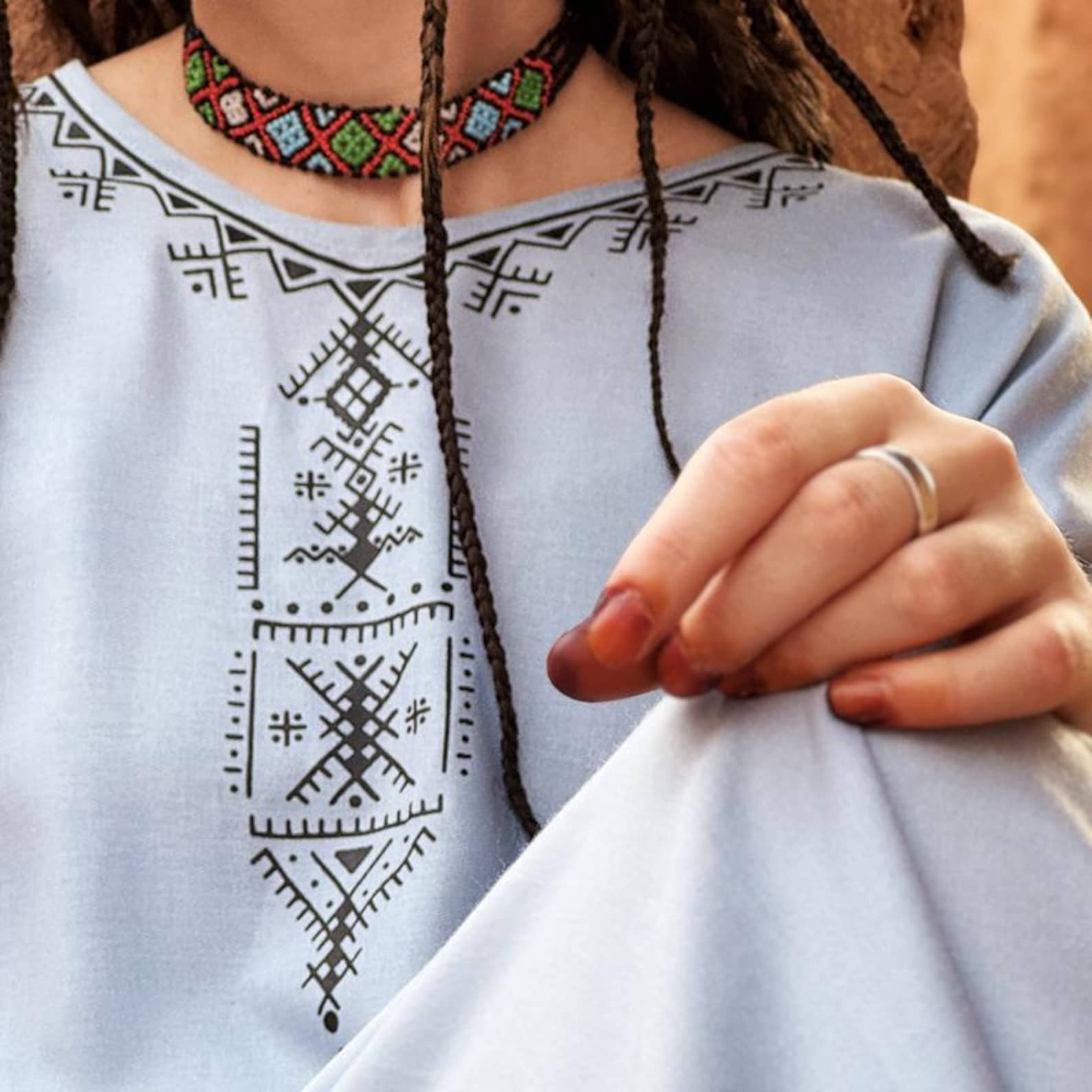 Berber Handmade Cotton Symbol Screen Printed Gandora Kaftan