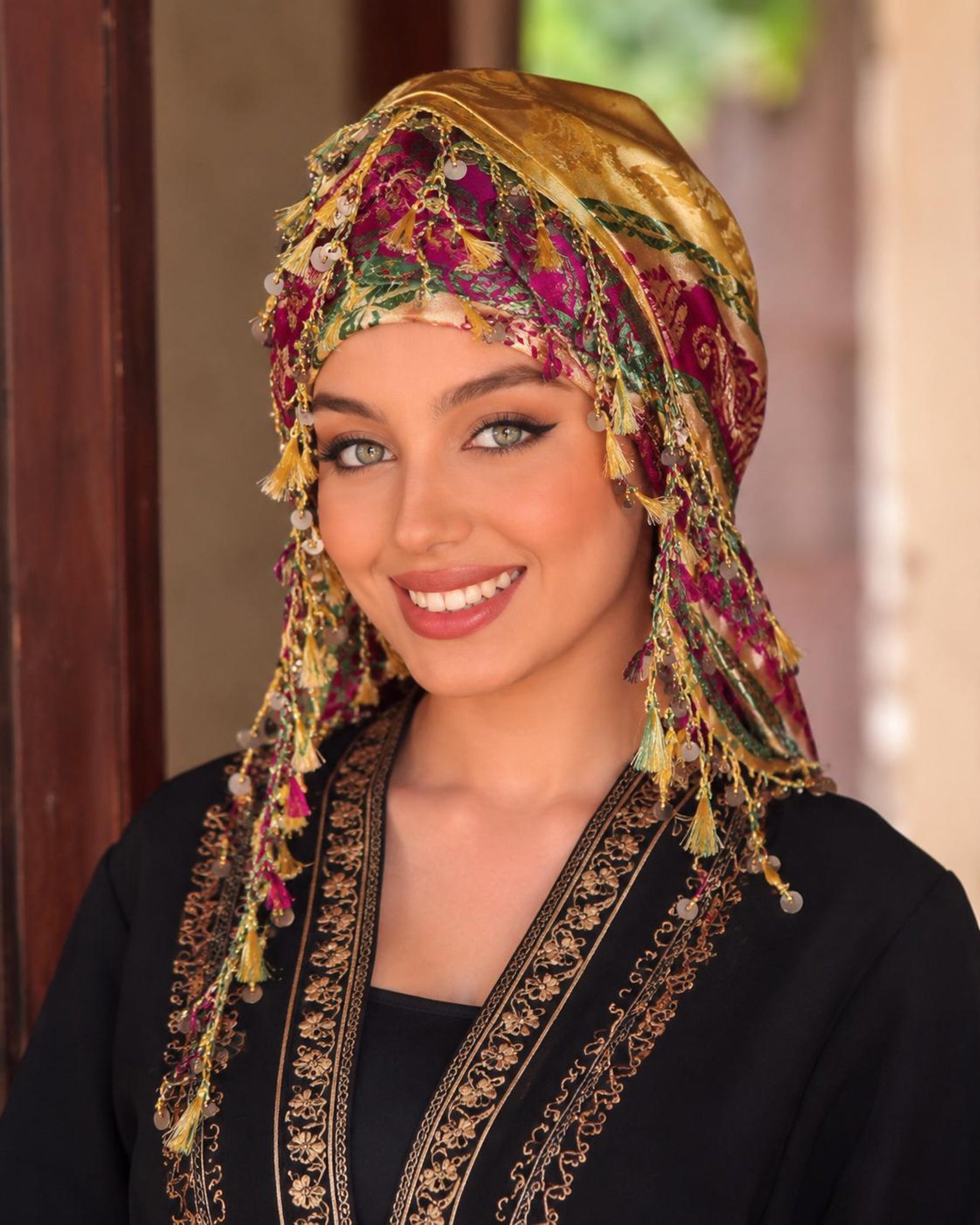 Amazigh Golden Sabniya Wedding Headscarf with Coin Fringe Scarf