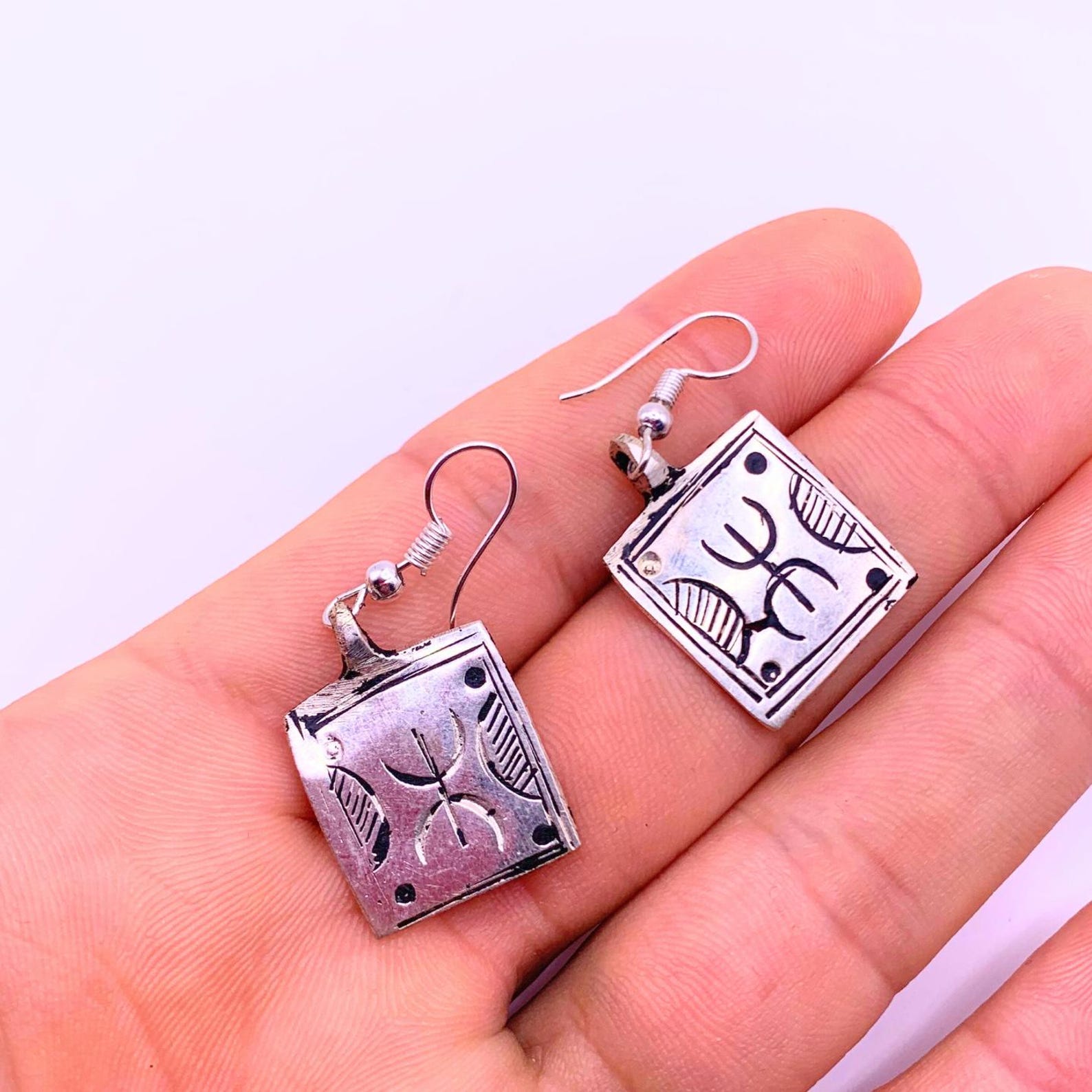 Vintage Tuareg Amazigh Berber Yaz Silver-Tone Geometric Drop Earrings