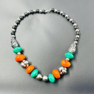 Amazigh Orange Green Resin Beads Silver Accents Necklace