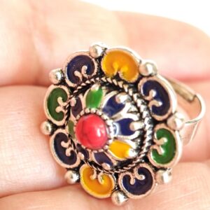 Amazigh Silver Tone Enameled Adjustable Flower métal Ring