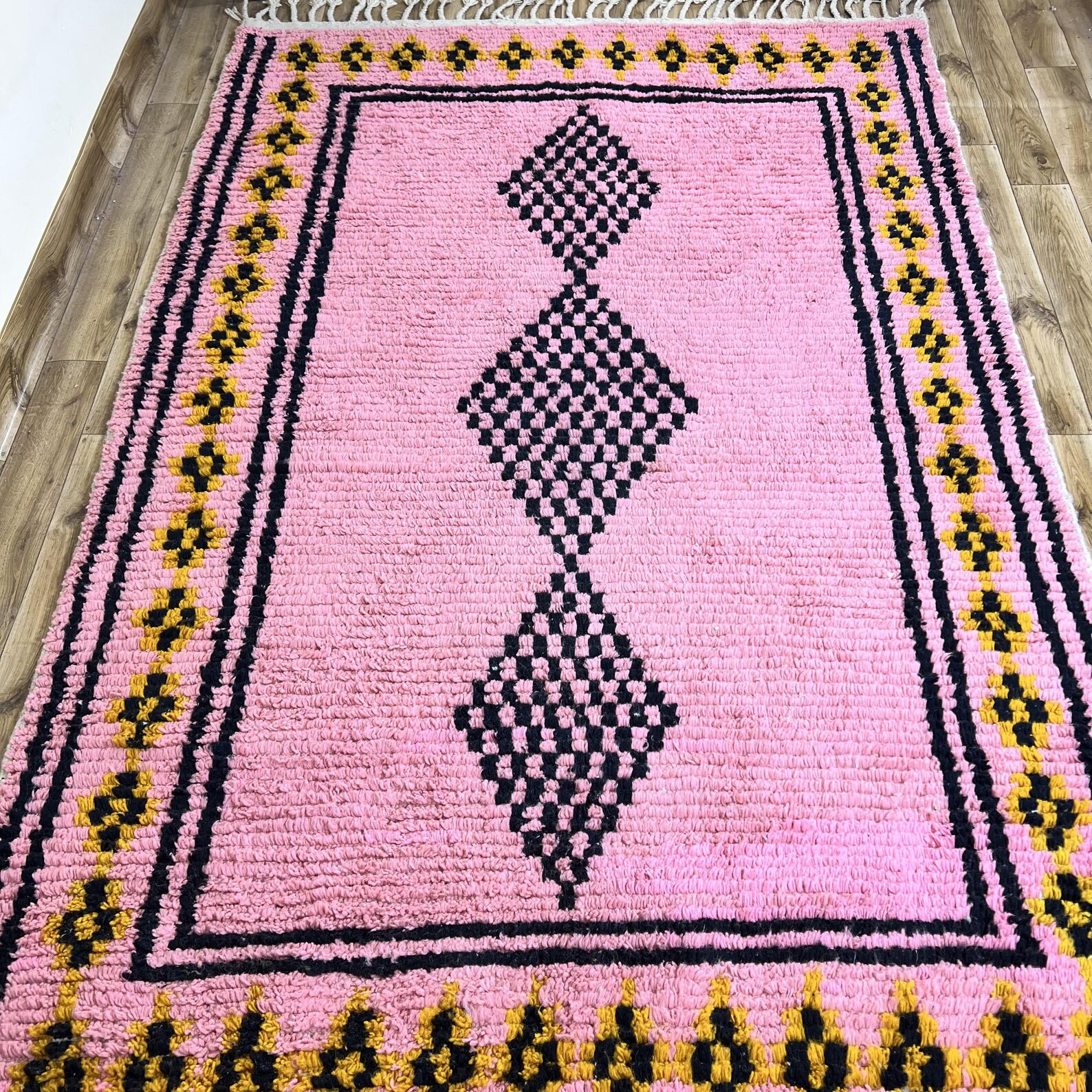 Amazigh Pink Cream Black Geometric Diamond Wool Rug