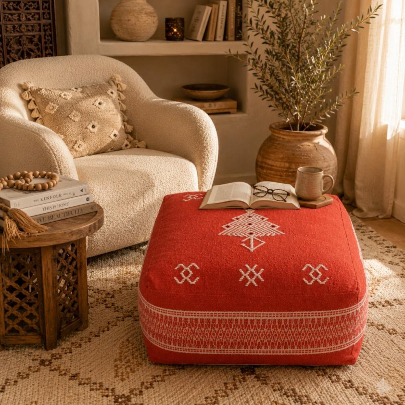 Berber Red Boho Floor Seating Cushion Embroidered Pouf