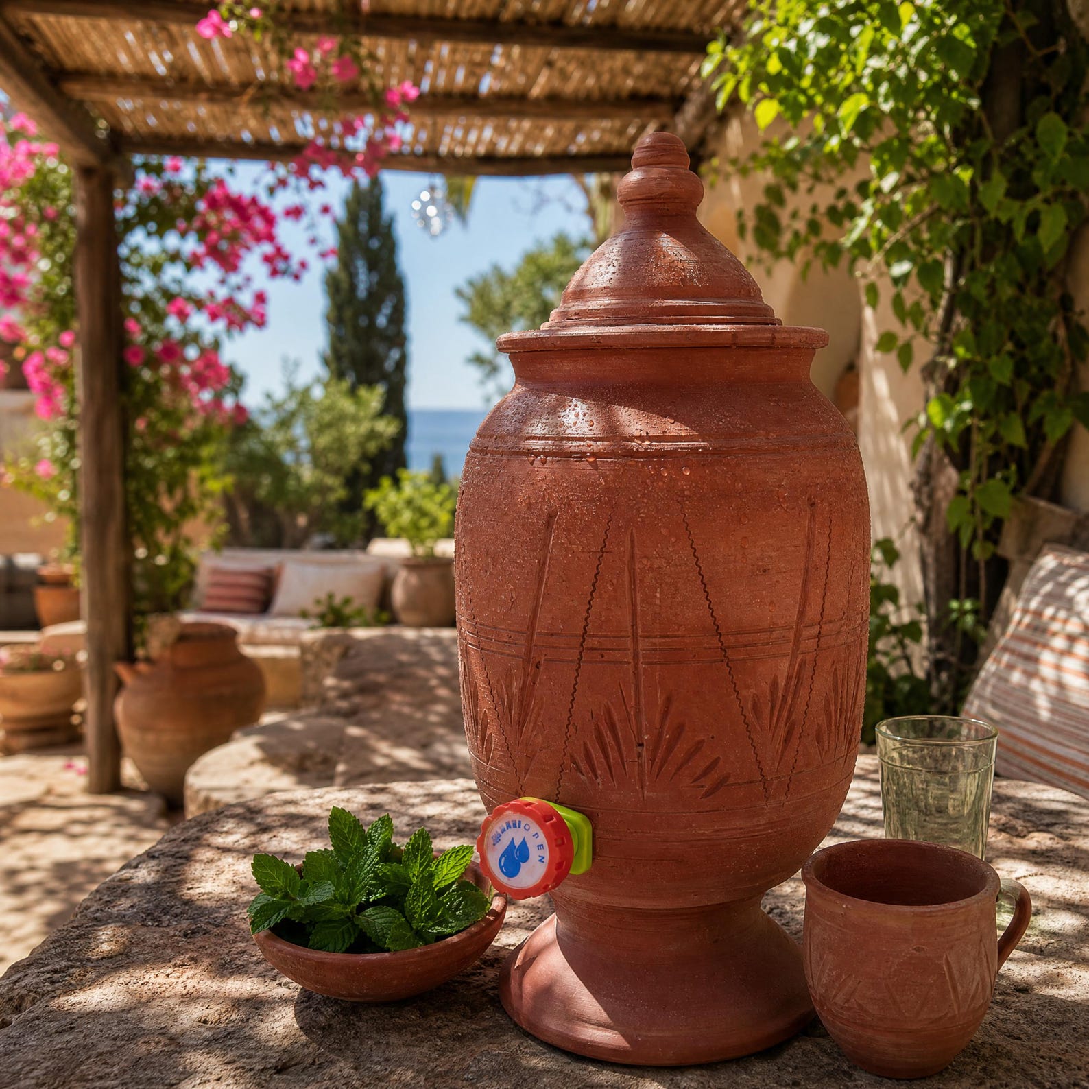 Amazigh Handmade Clay Water Spigot Cup Terracotta Dispenser