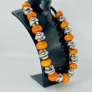 Amazigh Orange Resin Beads Silver-Tone Accents Bold Necklace