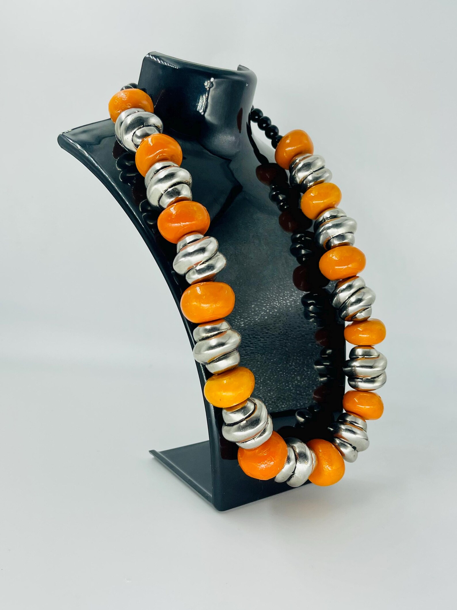 Amazigh Orange Resin Beads Silver-Tone Accents Bold Necklace