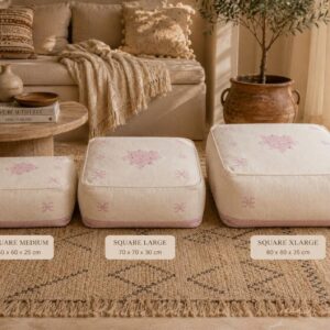 Berber Square Floor Pink Boho Cream Embroidered Pouf
