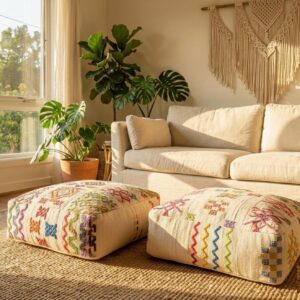 Berber Set Multicolor Wool Kilim Cover Square Pouf