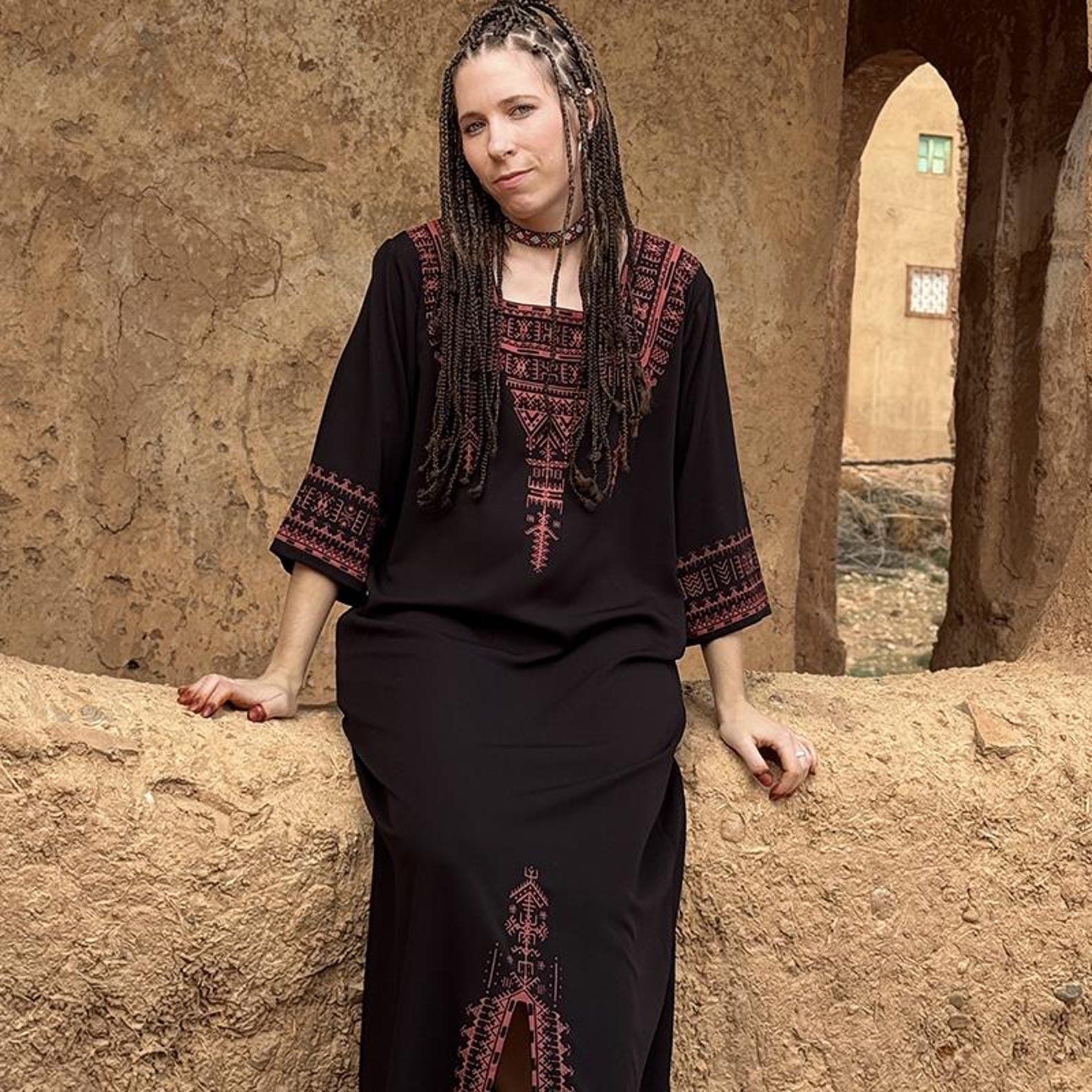 Berber Maxi Dress Handmade Screen Printed Symbol Kaftan