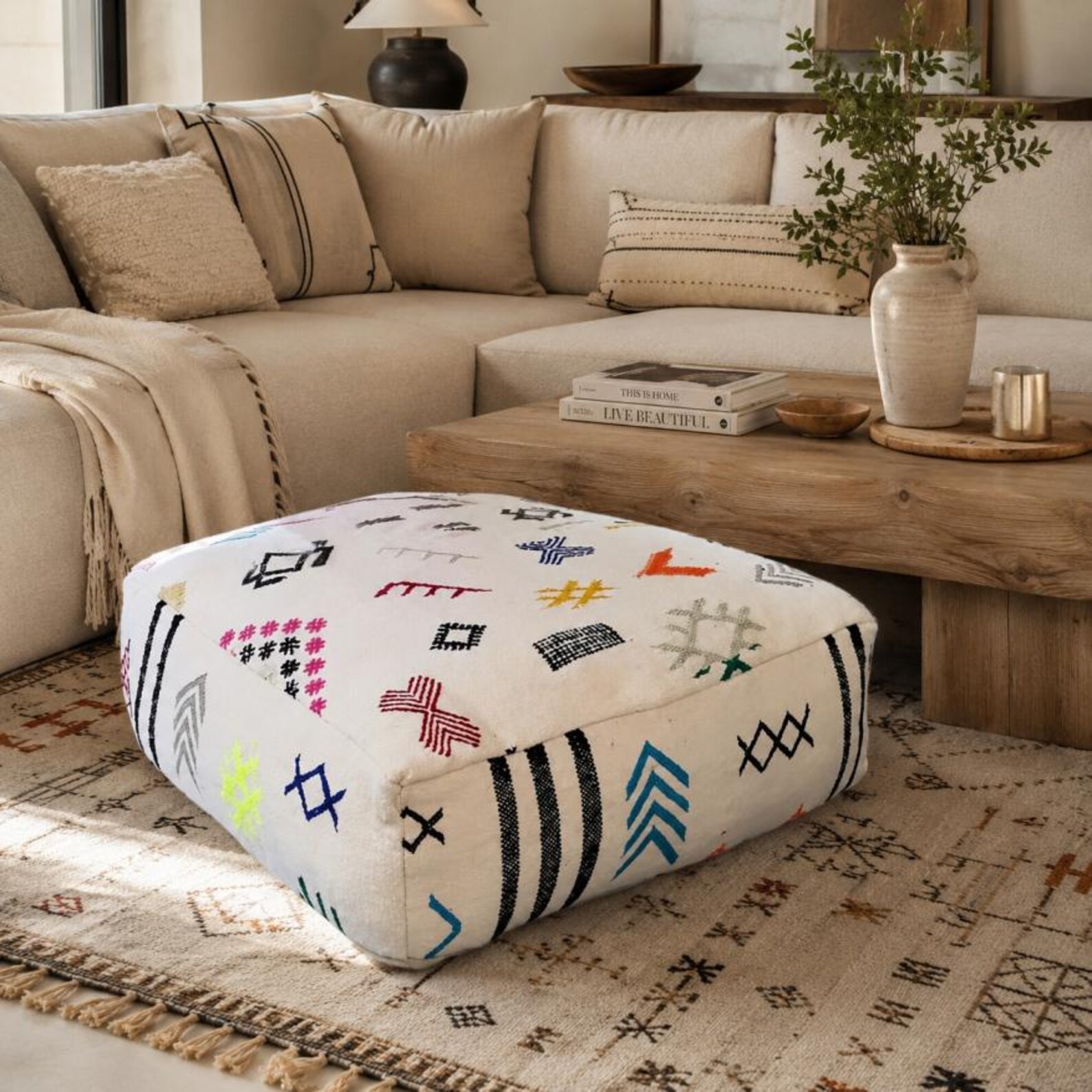 Berber Embroidered Boho Floor Cushion Colorful Tribal Pouf