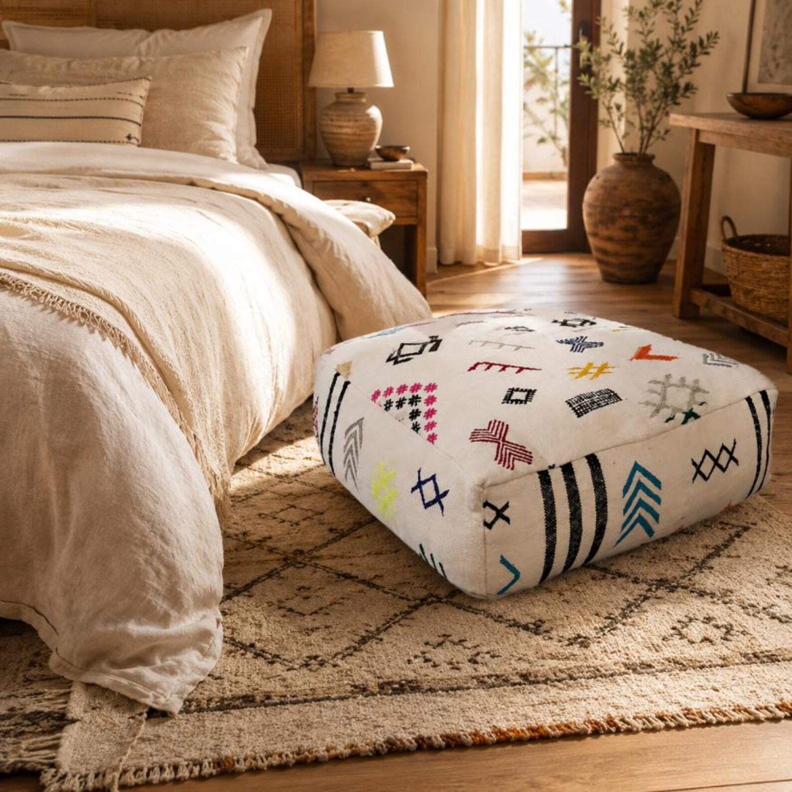 Berber Embroidered Boho Floor Cushion Colorful Tribal Pouf
