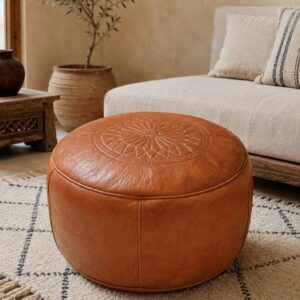 Berber Leather Handmade Cognac Round Ottoman Unstuffed Pouf