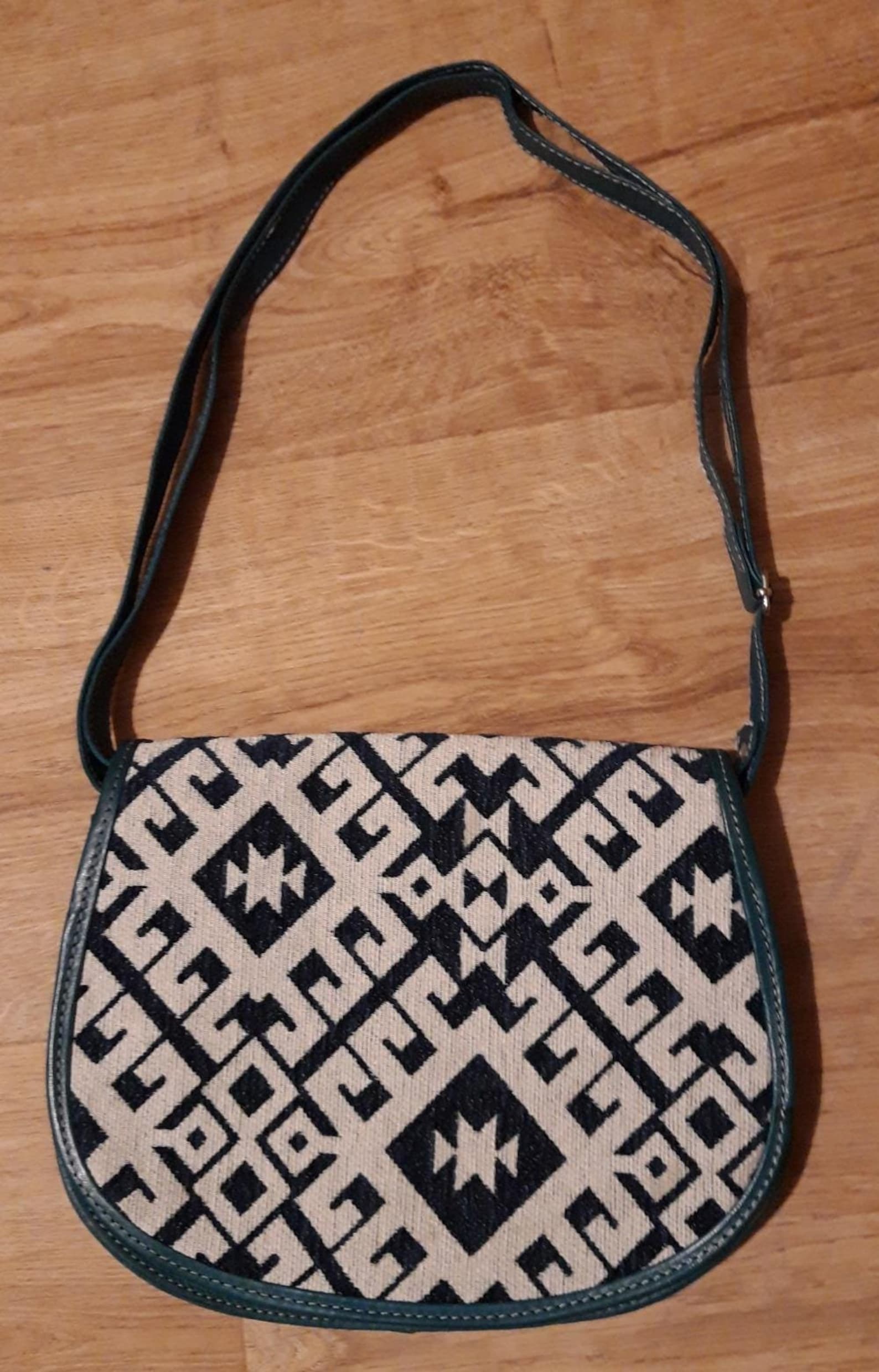 Teal Leather Tunisian Handbag with Amazigh Motifs Shoulder Bag