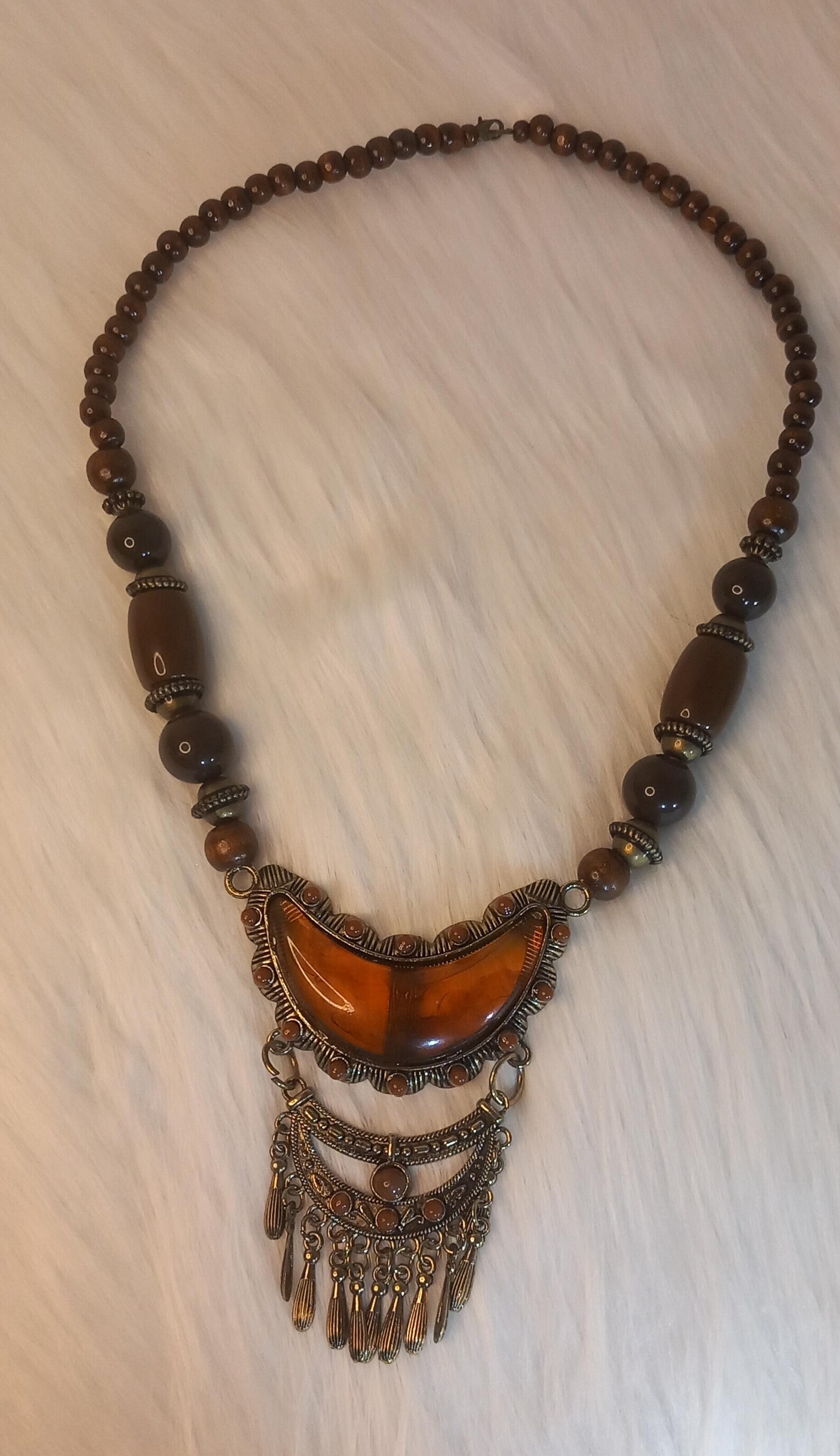 Amazigh Beaded Wood Agate Brass Bohemian Tribal Necklace