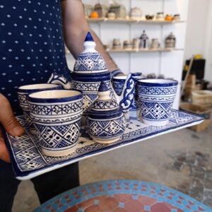Amazigh Handmade Tea Set Blue White Ceramic Bowl