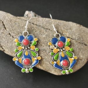 Handmade Amazigh Kabyle Traditional Coral Enamel Stainless Steel Drop Earrings