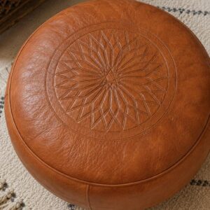 Berber Leather Handmade Cognac Round Ottoman Unstuffed Pouf
