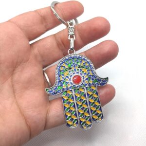 Amazigh Kabyle Khamsa Enameled Silver-Tone Alloy Keychain with Steel Ring