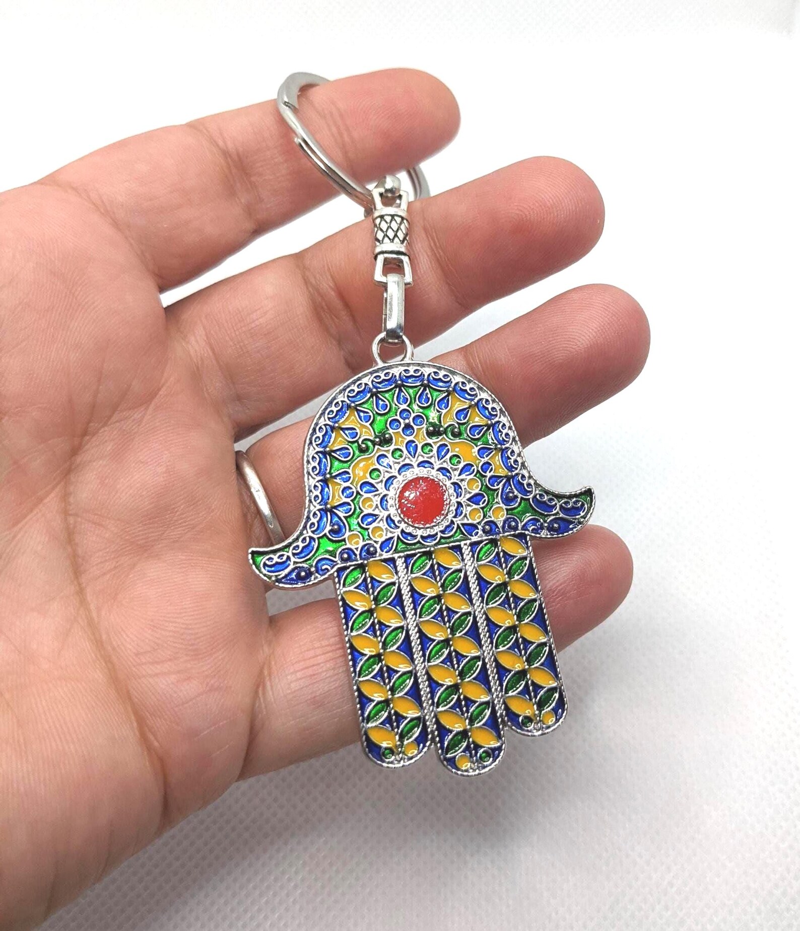 Amazigh Kabyle Khamsa Enameled Silver-Tone Alloy Keychain with Steel Ring