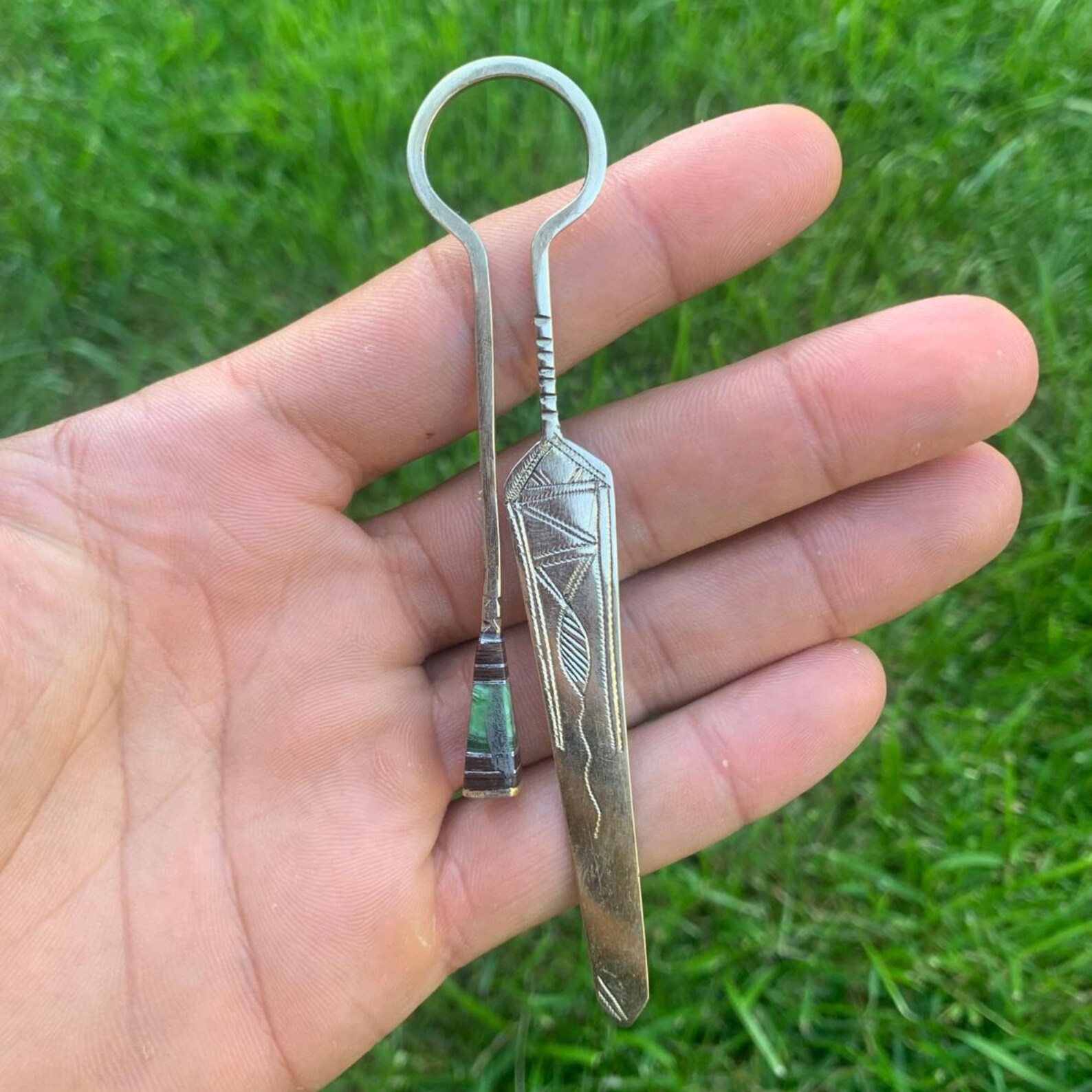 Berber Tuareg Hand-Engraved Metal Bookmark with Green Glass