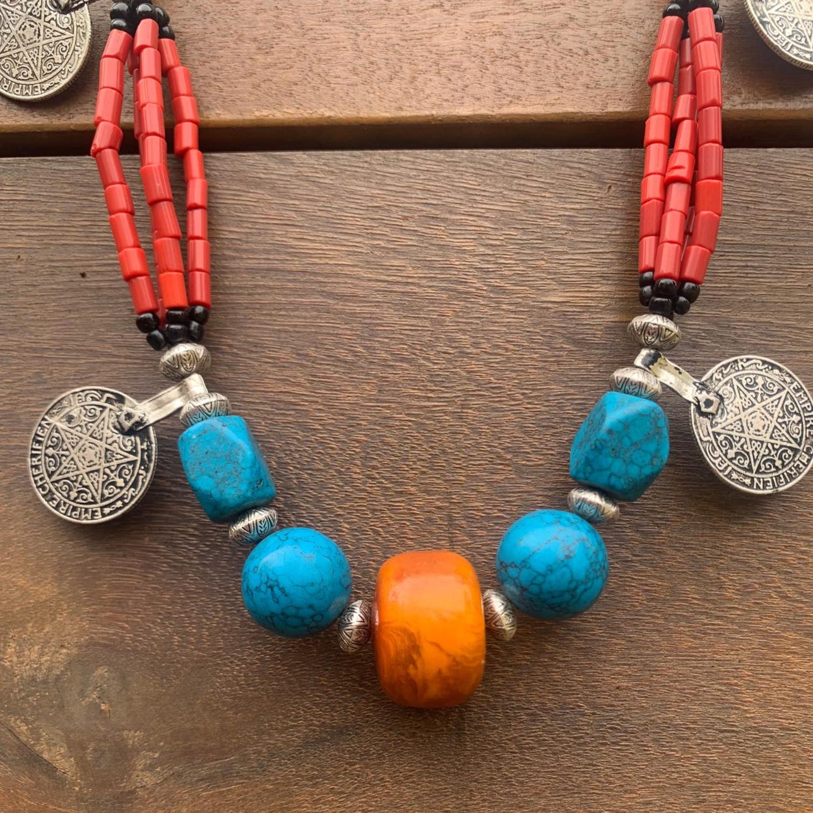 Berber African Turquoise Tribal Beads Vintage Necklace Jewelry