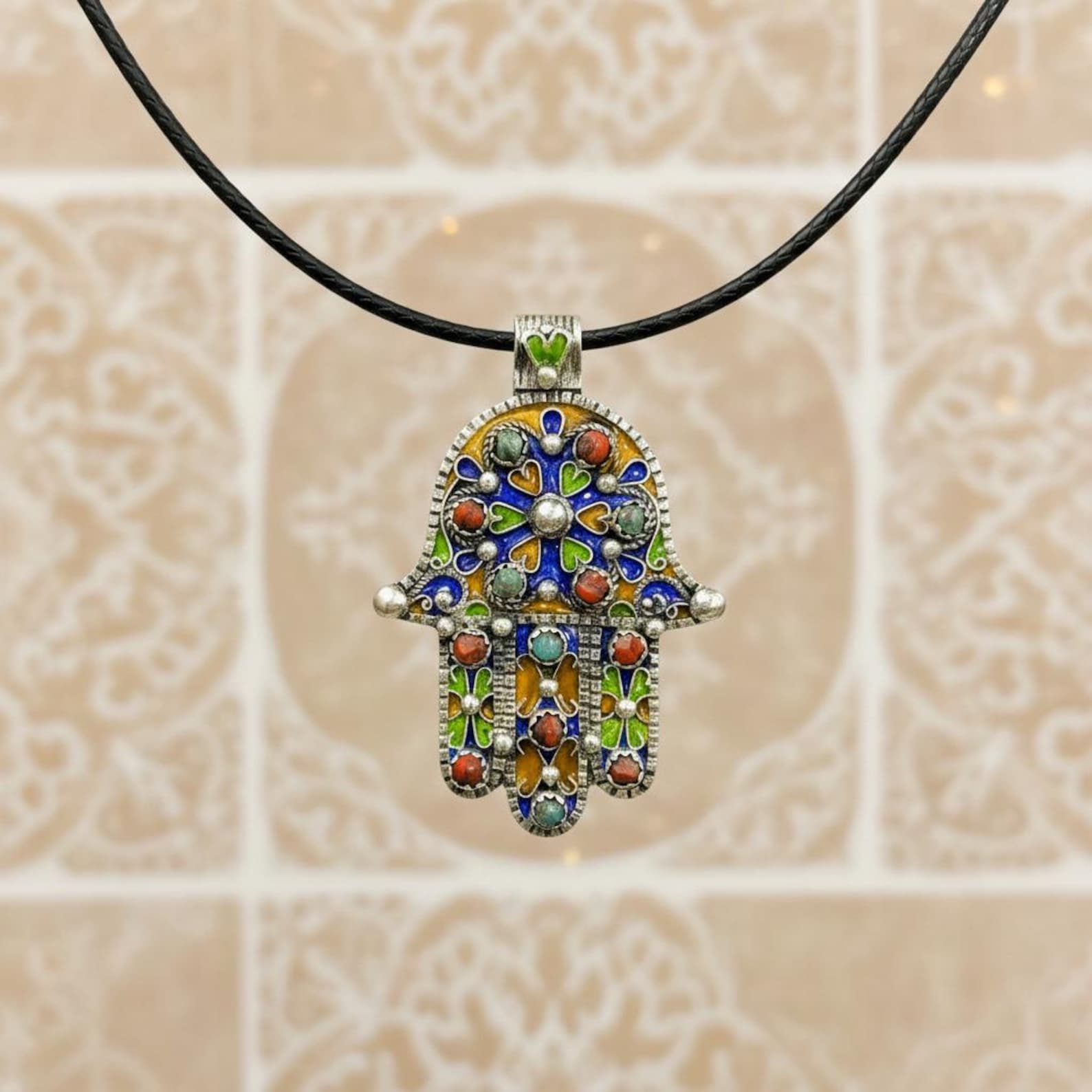 Berber Hamsa Hand Silver Handmade Enamel Pendant Necklace