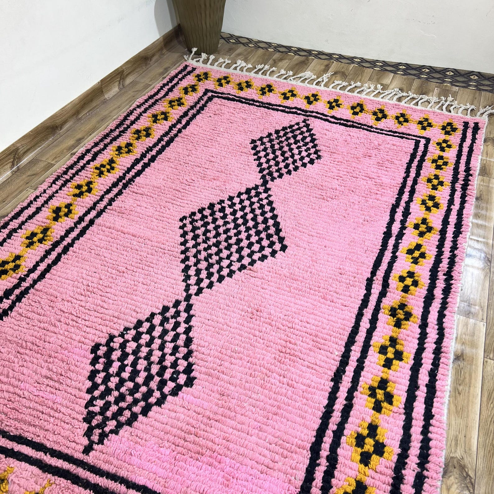 Amazigh Pink Cream Black Geometric Diamond Wool Rug