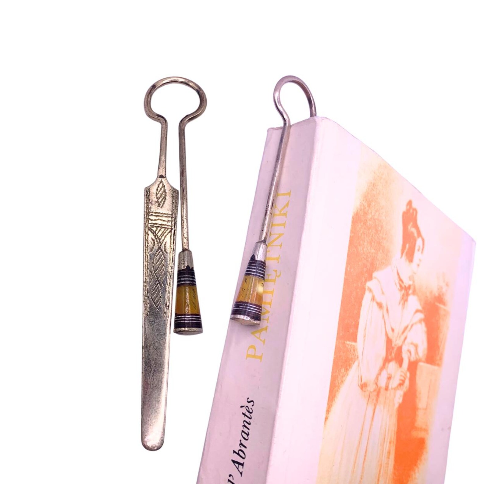 Berber Tuareg Hand-Engraved Metal Round Yellow Glass Vintage Bookmark