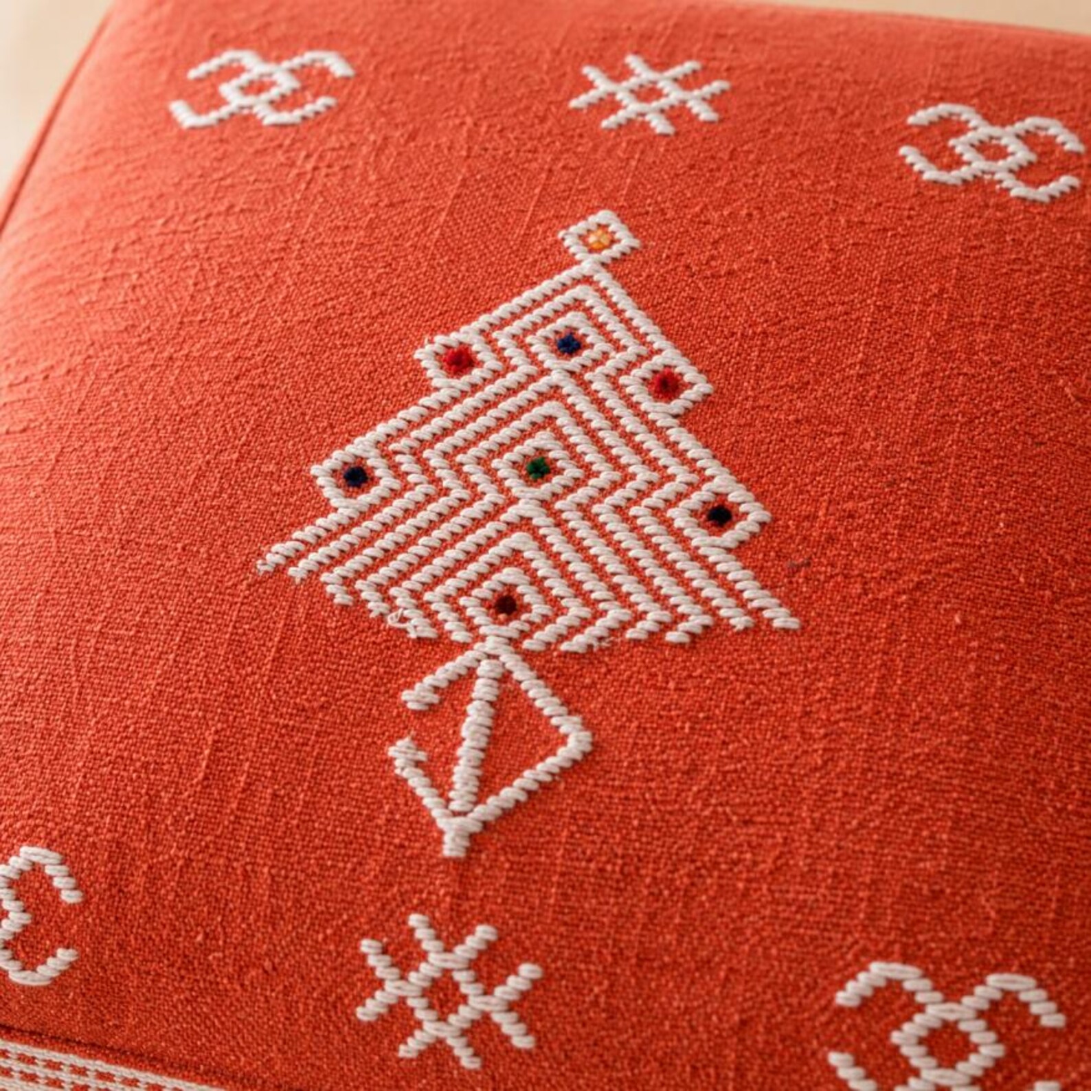 Berber Red Boho Floor Seating Cushion Embroidered Pouf