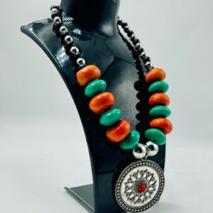 Berber Pendant Necklace with Orange and Green Resin Beads