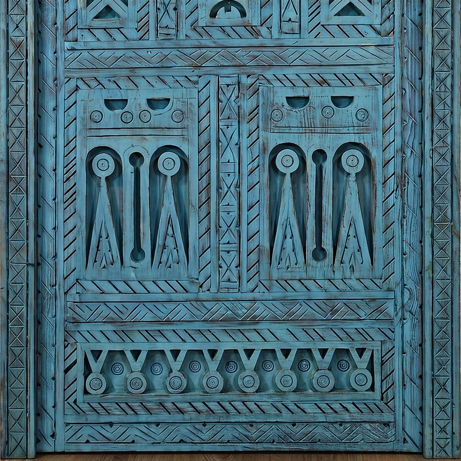 Berber Hand-Carved Turquoise Wooden Door Arched Entryway Rug