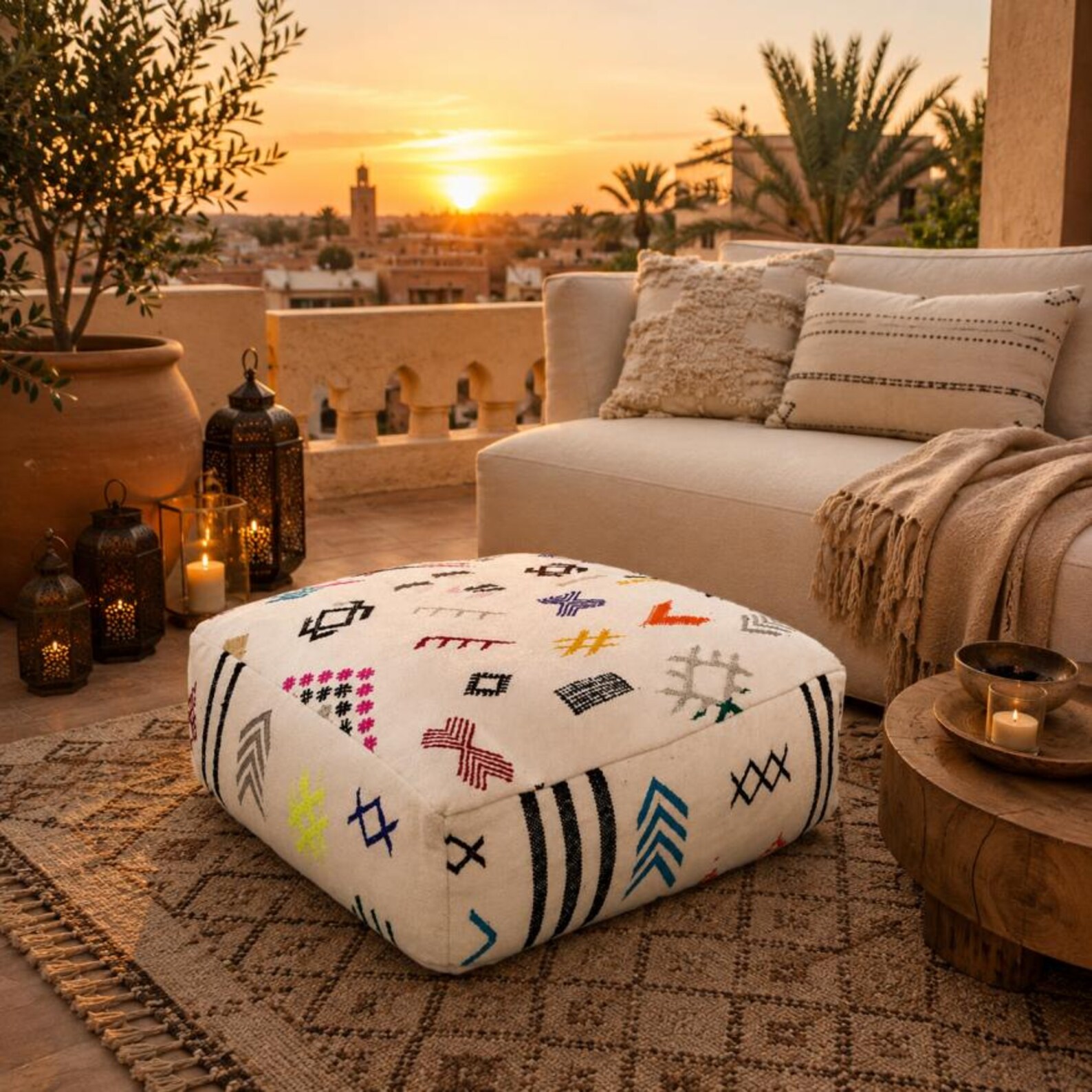 Berber Embroidered Boho Floor Cushion Colorful Tribal Pouf