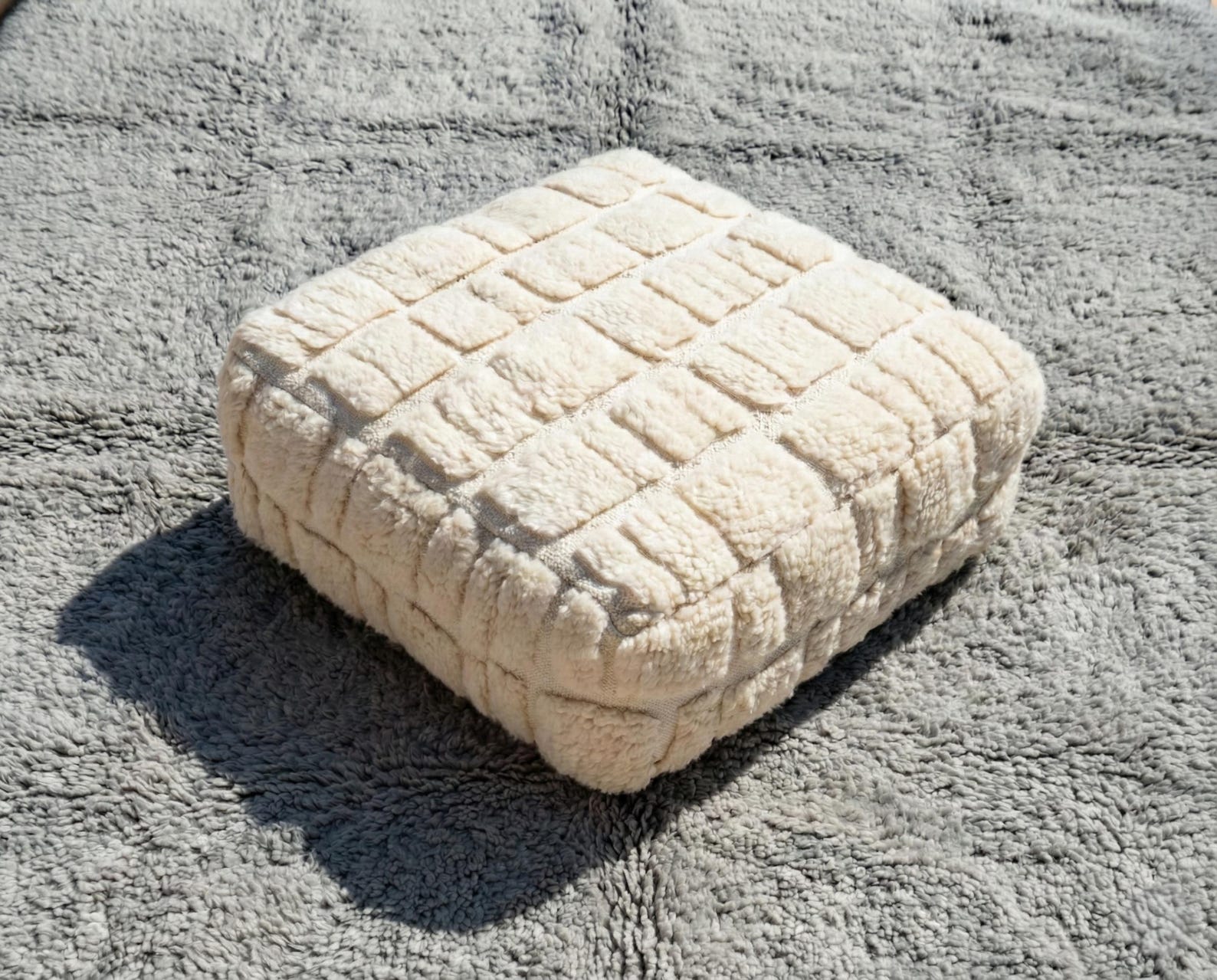 Berber Beni Ourain Square Cover White Wool Pouf