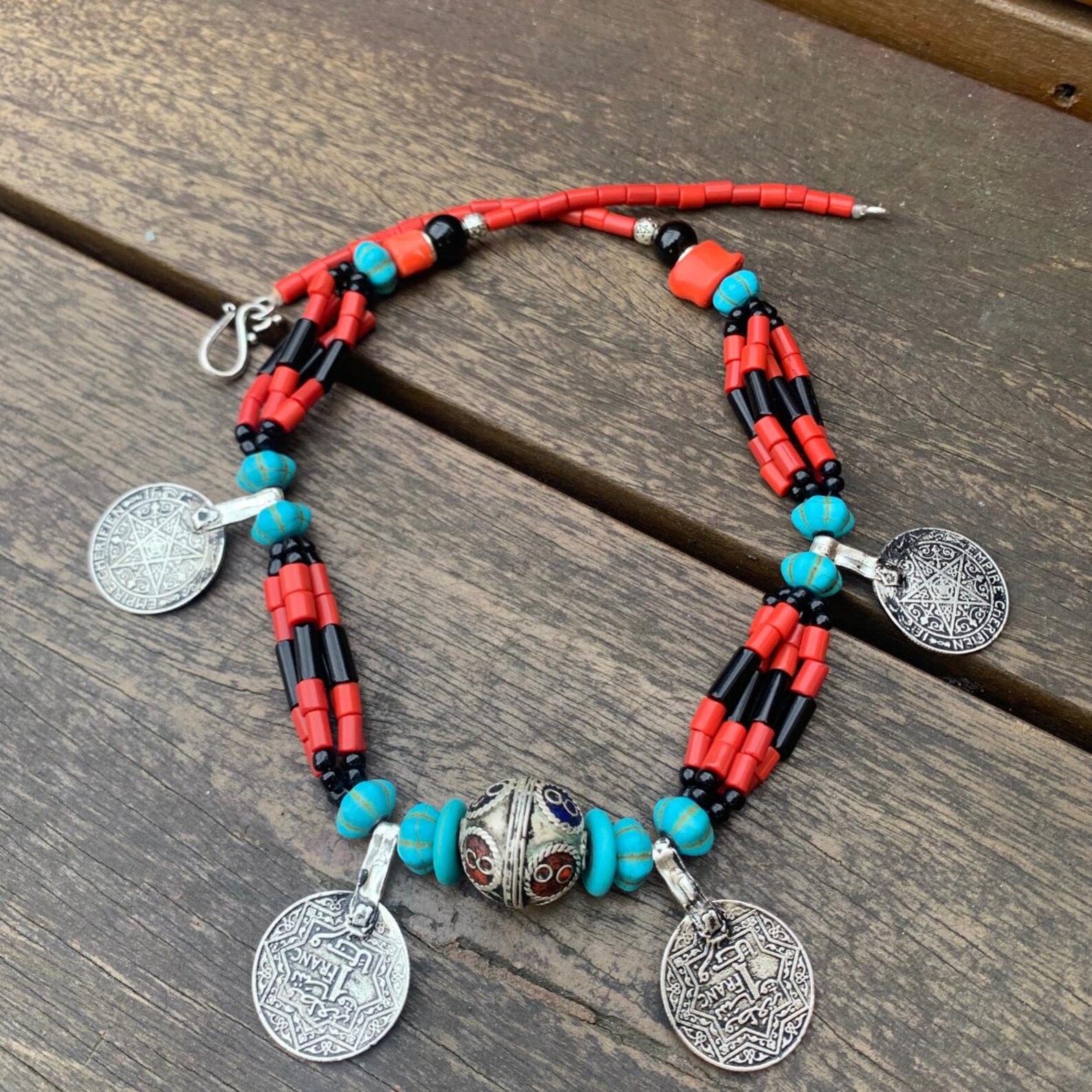 Berber Coral Turquoise Antique Coin Handmade Statement Necklace