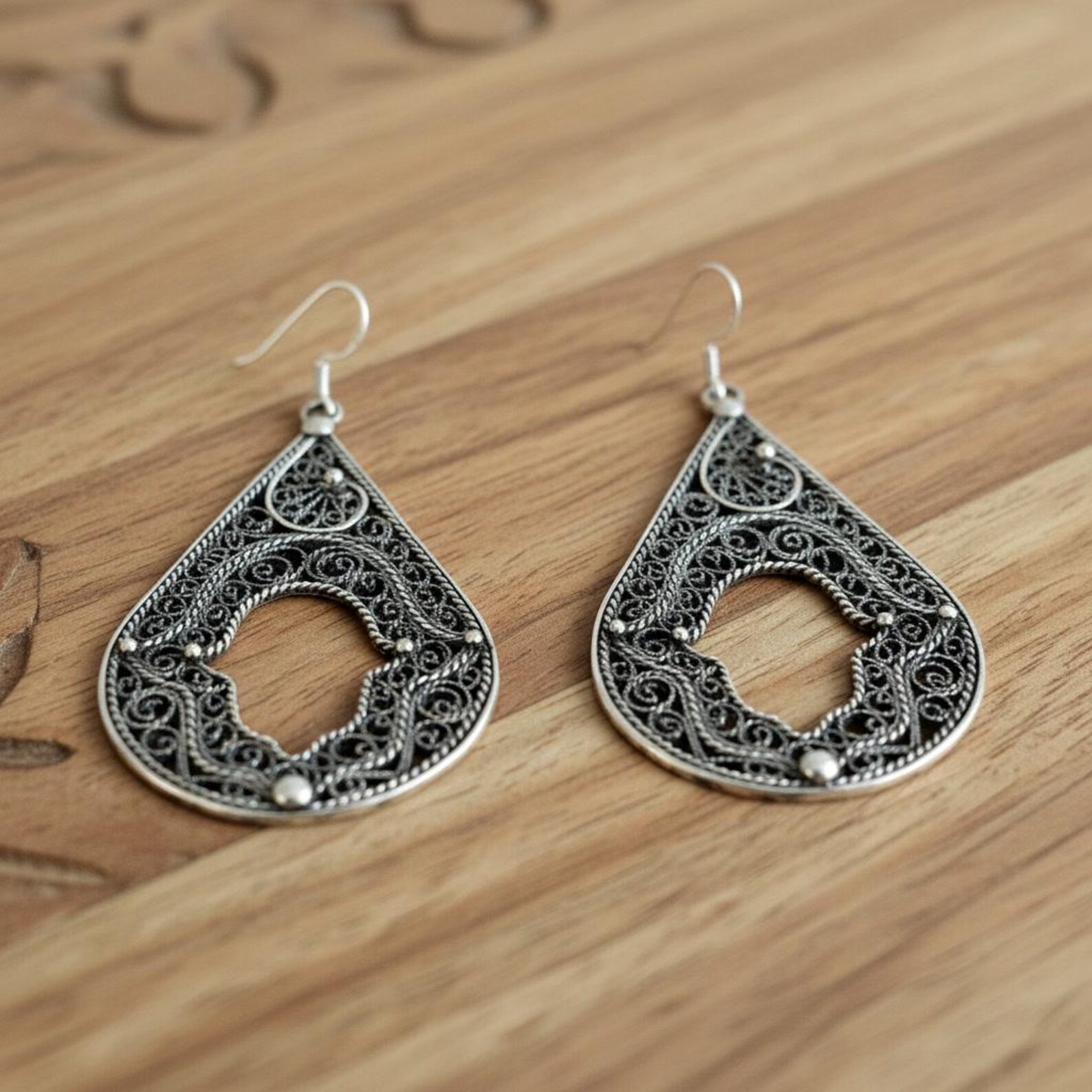 Berber Silver Filigree Handmade Hamsa Dangle Artisan Earrings