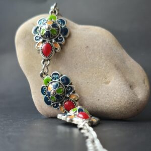 Handmade Amazigh Berber Kabyle Coral Enamel Charm Adjustable Stainless Steel Bracelet