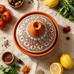 Berber Hand-Painted Rose Ceramic Flame-Proof Clay Cooking Tagine