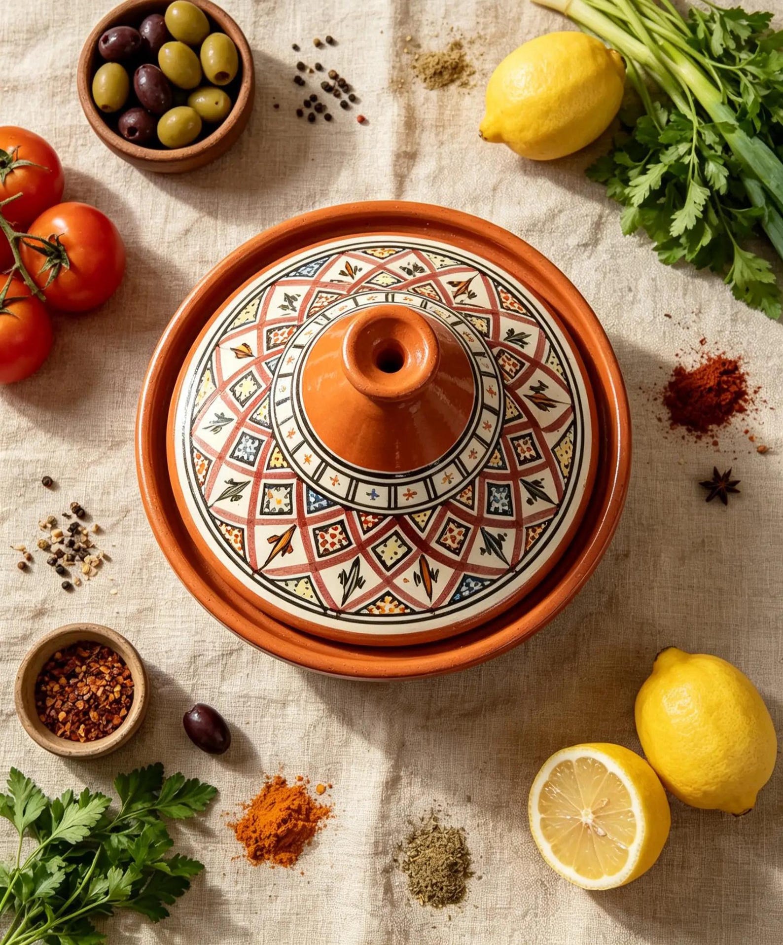Berber Hand-Painted Rose Ceramic Flame-Proof Clay Cooking Tagine
