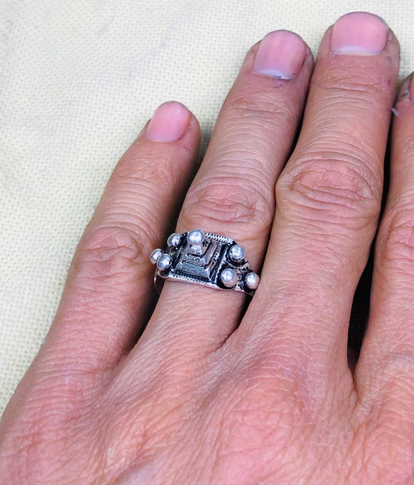 Handmade Amazigh Berber Solid Silver Geometric Pyramid Cone Ring
