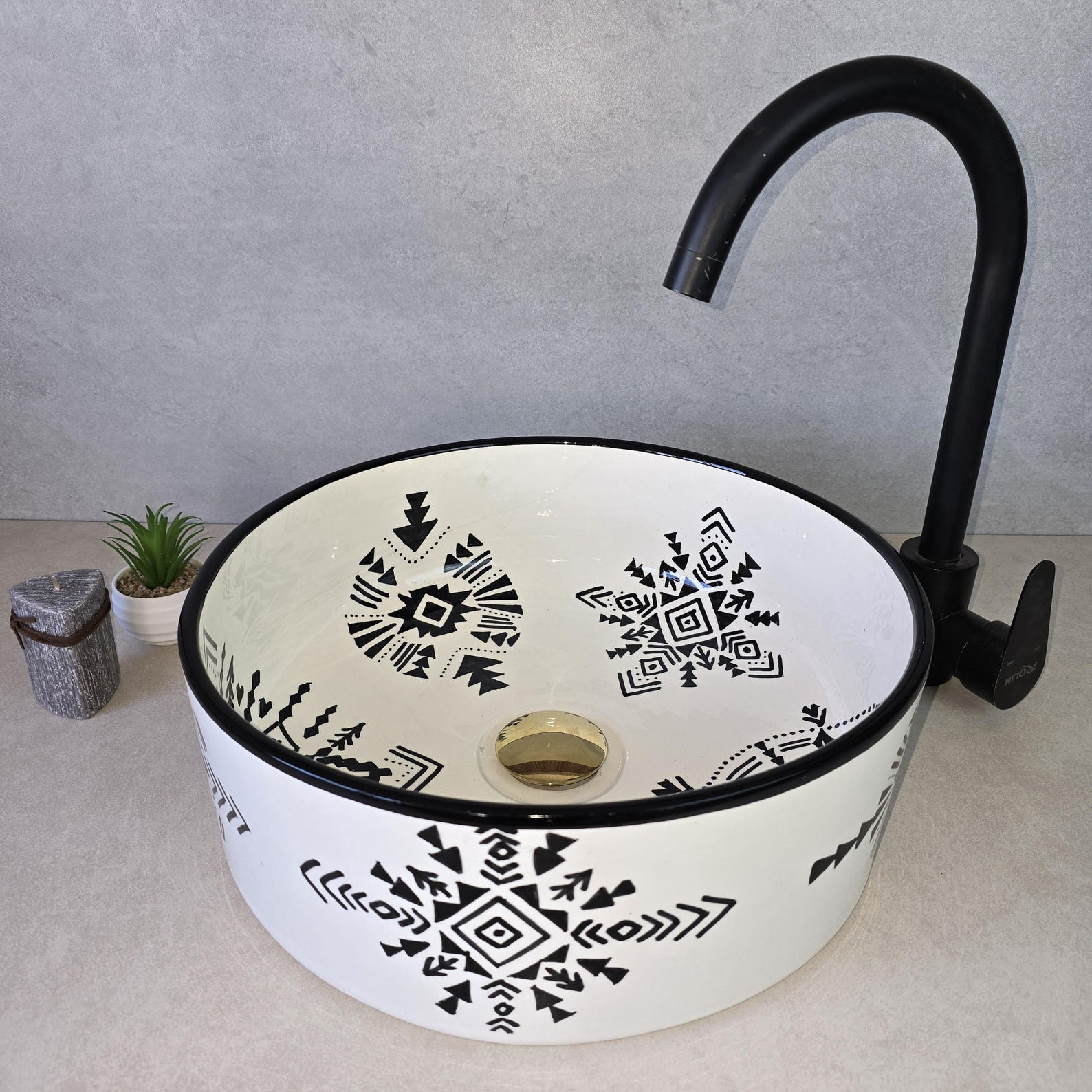 Berber Ceramic Sink with Symbols Artisan Ceramic Piece