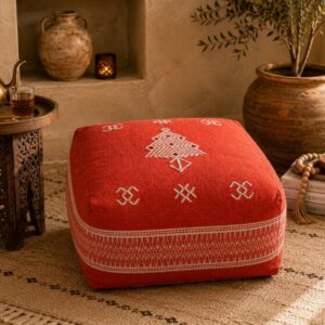 Berber Red Boho Floor Seating Cushion Embroidered Pouf