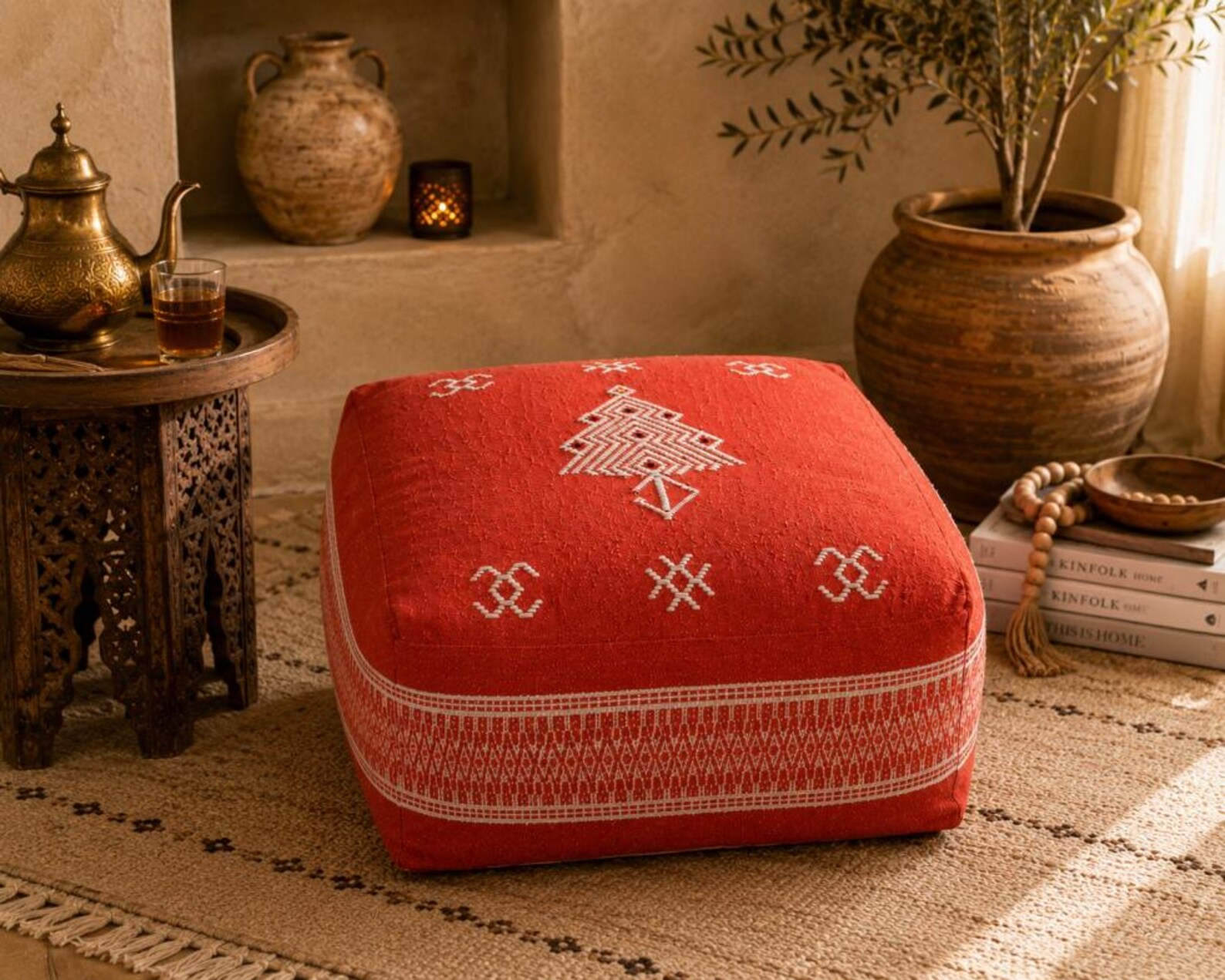 Berber Red Boho Floor Seating Cushion Embroidered Pouf