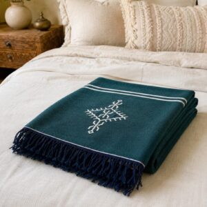 Amazigh Deep Teal Cotton Bedspread Handmade White Blanket