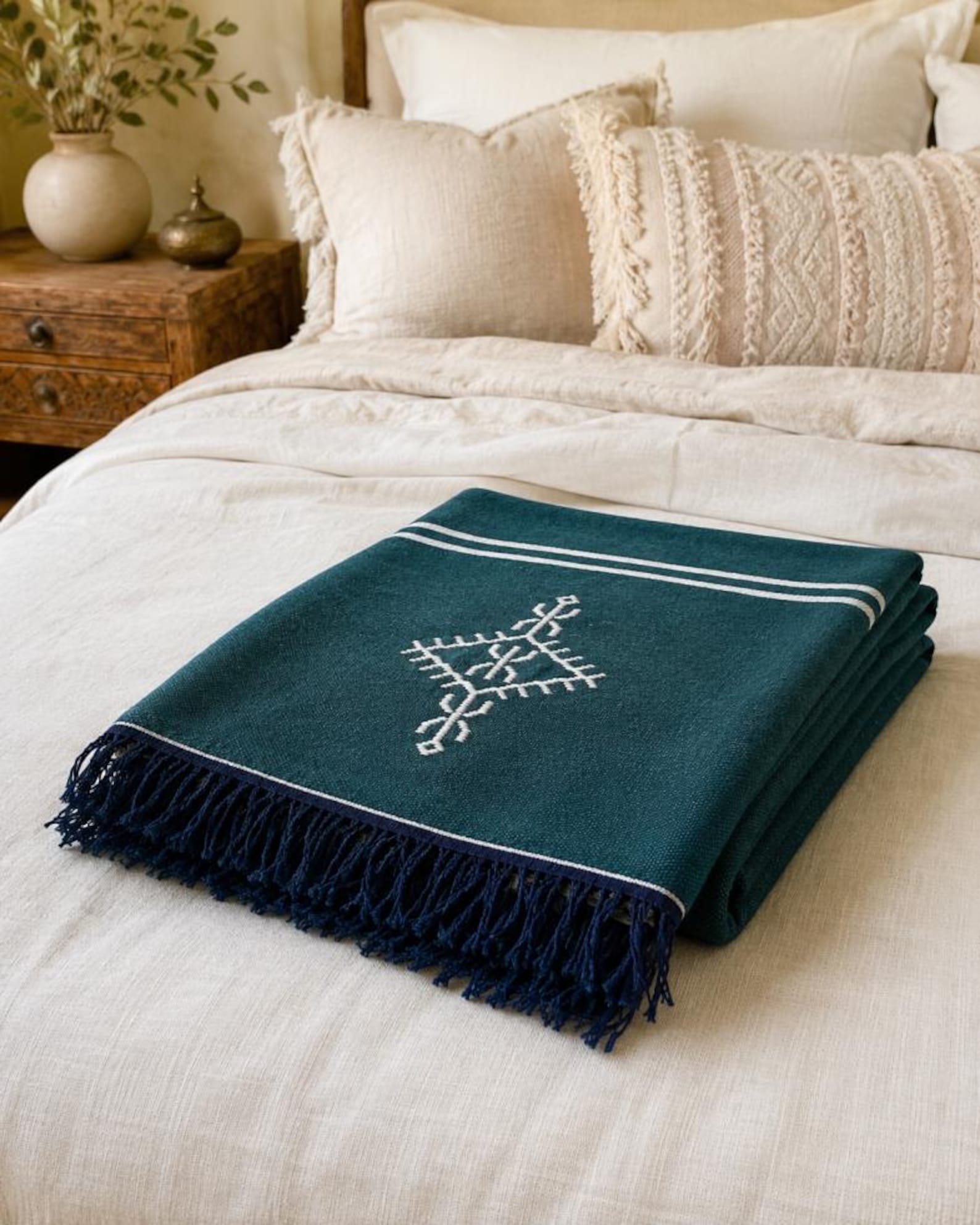 Amazigh Deep Teal Cotton Bedspread Handmade White Blanket