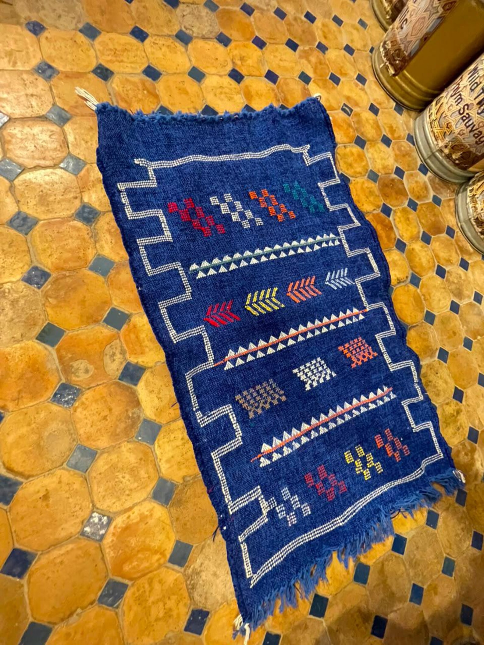 Berber Handmade Navy Blue Cashmere Geometric Carpet Rug