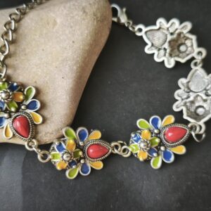 Handmade Amazigh Kabyle Berber Stainless Steel Red Coral Enamel Bracelet