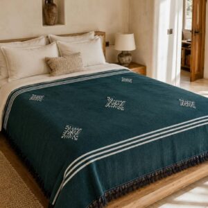 Amazigh Deep Teal Cotton Bedspread Handmade White Blanket
