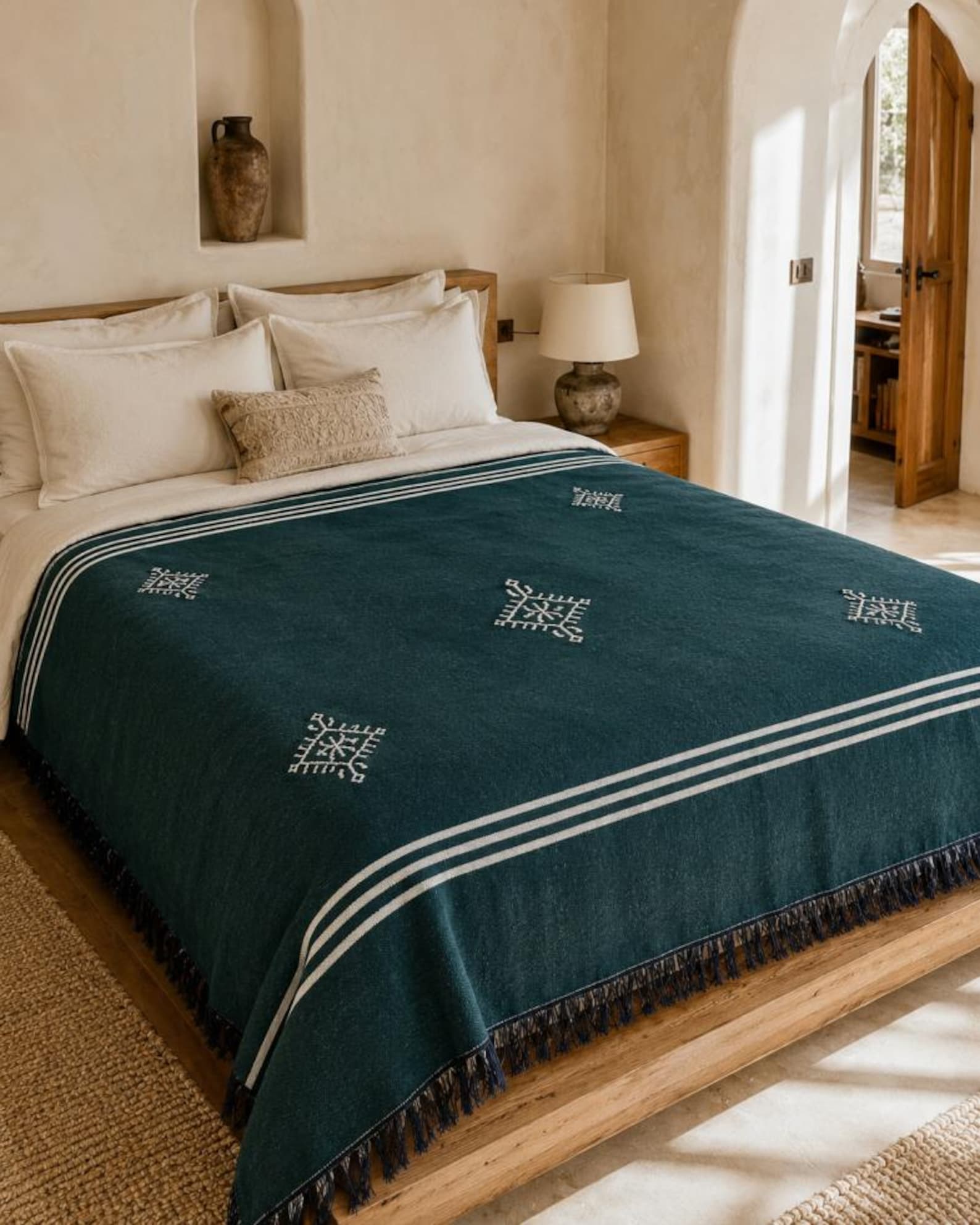 Amazigh Deep Teal Cotton Bedspread Handmade White Blanket