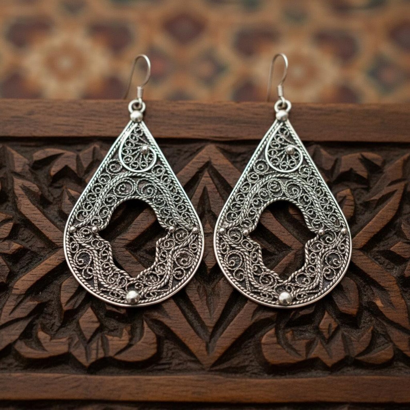 Berber Silver Filigree Handmade Hamsa Dangle Artisan Earrings